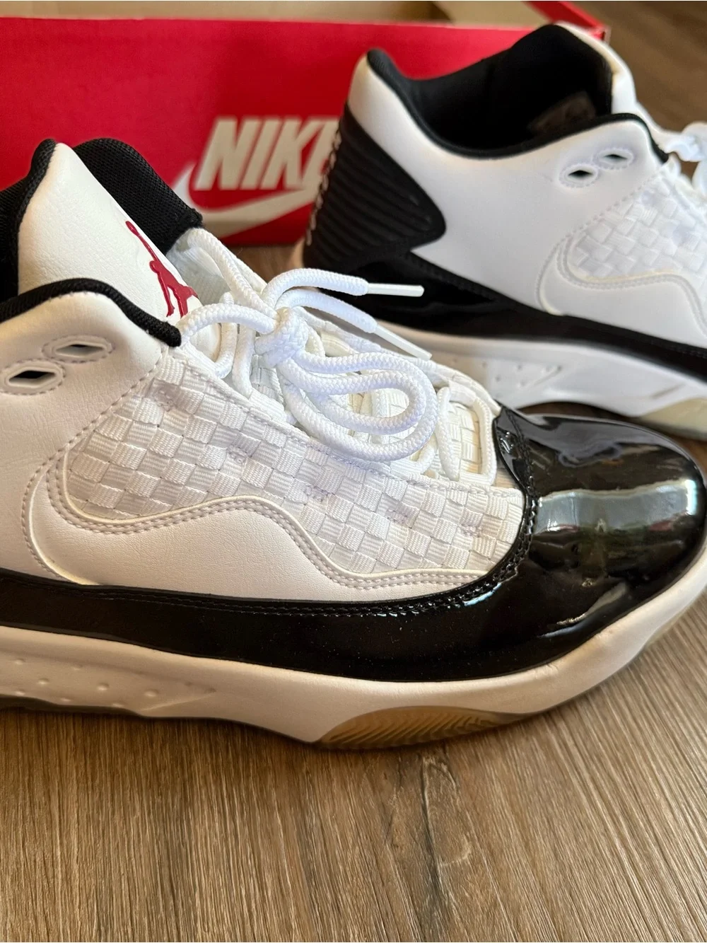 Air Jordan Low-Top Sneakers in White, Black & Red